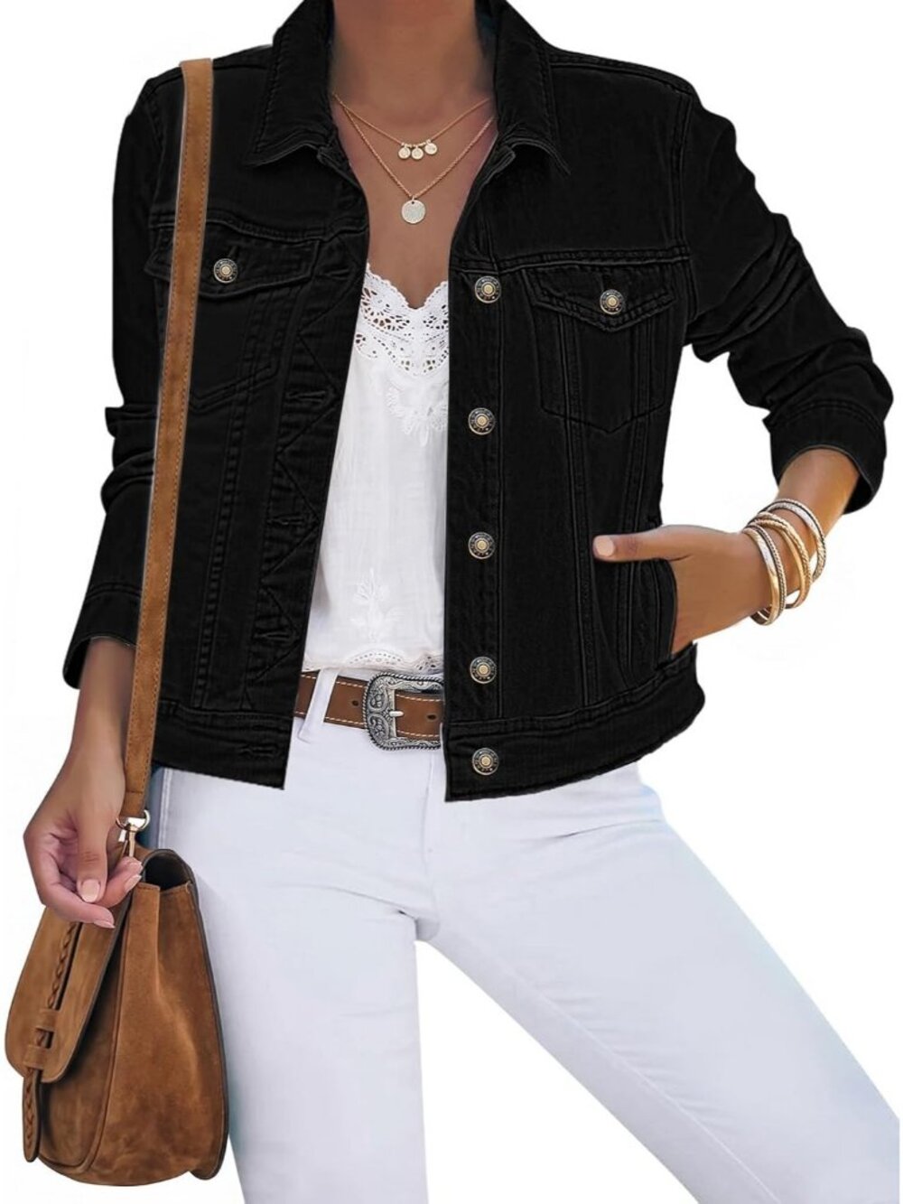 Women's Always Black Cotton Button Down Stretch Fitted Long Sleeves Jean Jackets